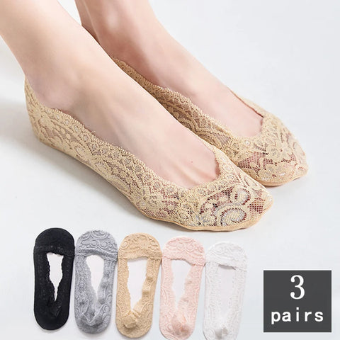 3 Pairs Women's Lace No-Show Socks Silica Gel Cotton Non-Slip Invisible Boat Socks