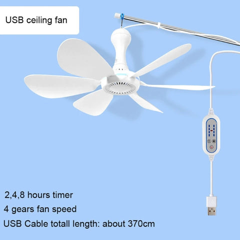 4 Speed USB Canopy Ceiling Fan with Timer, Silent 6 Leaves, Hanging for Outdoor Camping, Home, Bed, Tent