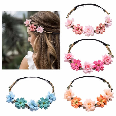 Bride Floral Crown Headband Garland - Wedding Hair Accessories for Girls, Party & Cosplay Elastic Flower Wreath