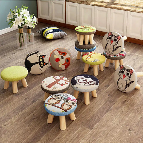 Creative Pine Kids Stool Round Portable Chair Mini Cartoon Wood Bench for Home Bedroom and Outdoor Use
