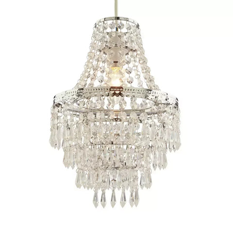 Chrome & Clear Beaded Lamp Shade 5 Tier Easy Fit Pendant 31.5cm H Small Chandelier