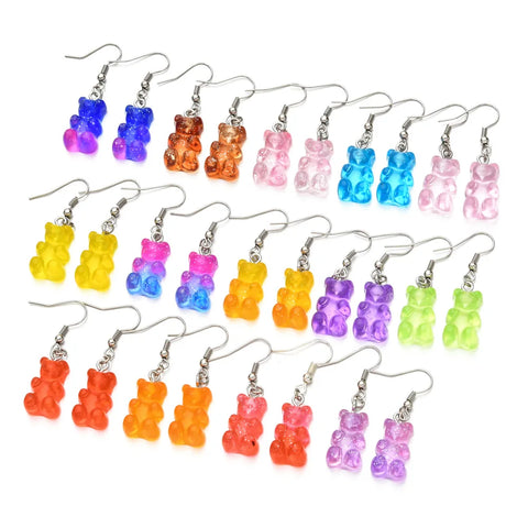 Colorful Gradient Glitter Gummy Bear Earrings for Kids - Fun Cartoon Animal Dangles Jewelry