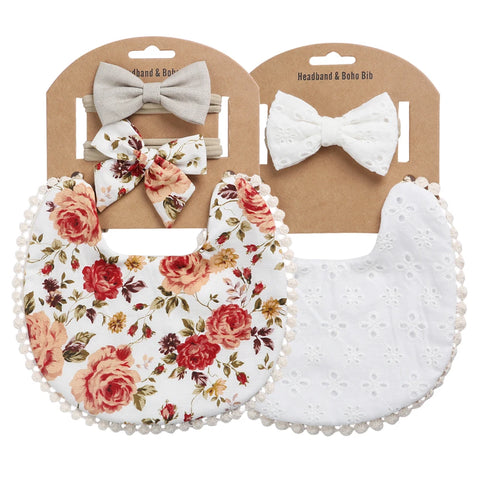 2-Pack Floral Baby Bibs & Headbands Set - Embroidery, Bow Tie, Dual-Sided Bandana, Feeding & Burp Cloth for Toddlers