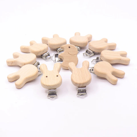 5pcs Wooden Animal Pacifier Clips for Babies - Elephant, Rabbit Holder, Baby Teething Accessories