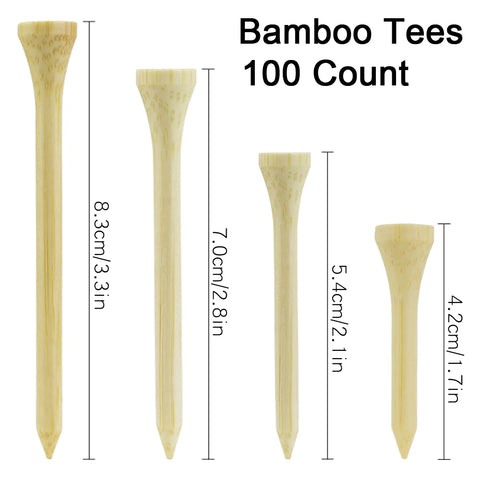 Golf Tees 100 Pack - Bamboo, Durable, 4 Sizes (42mm, 54mm, 70mm, 83mm) - Eco-Friendly, Stronger Than Wood