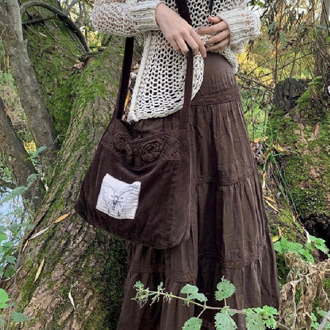 Fairycore Vintage Brown Pleated Midi Skirt Y2K Grunge Kawaii Harajuku Retro Goth Skirt for Women