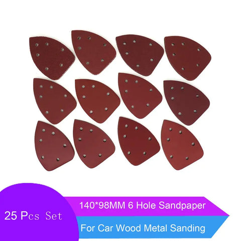 25 Pcs 140x98mm 6-Hole Triangle Sanding Sheets Hook & Loop Detail Sandpaper Grits for Wood
