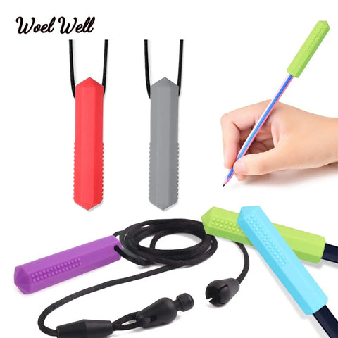 2pc Gem Silicone Teether Crystal Pen Necklace Sensory Pendant Chew Toy for Kids Autism Students Gift