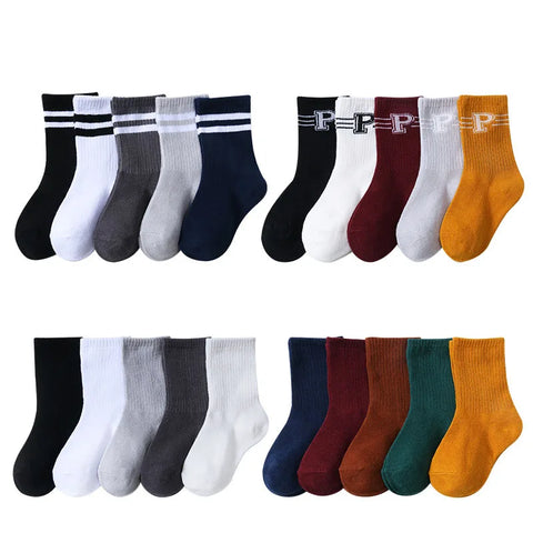 5 Pairs Kids Cotton Socks Set - Stripes & Solid Colors, Alphabet Design, High Elastic, Autumn Winter, Ages 1-12