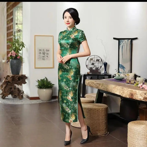 Elegant Green Satin Cheongsam Dress for Women - Classic Chinese Style, Summer Wedding Attire