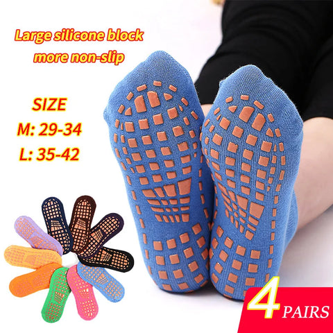 4 Pairs Non-Slip Yoga Pilates Socks for Women & Kids - Grip Cotton Ankle Socks for Trampoline & Massage