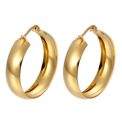 Gold Stainless Steel Round Hoop Earrings, Smooth Wide Brincos, Party Jewelry 21/31/39mm