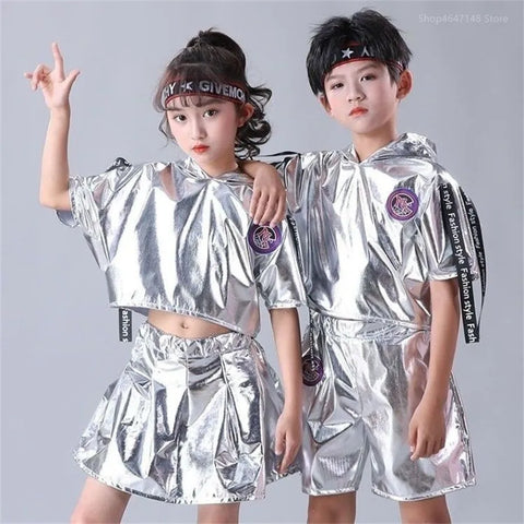 Girls' Silver Hip-Hop Jazz Dance Costume Set – Performance & Rave Outfit