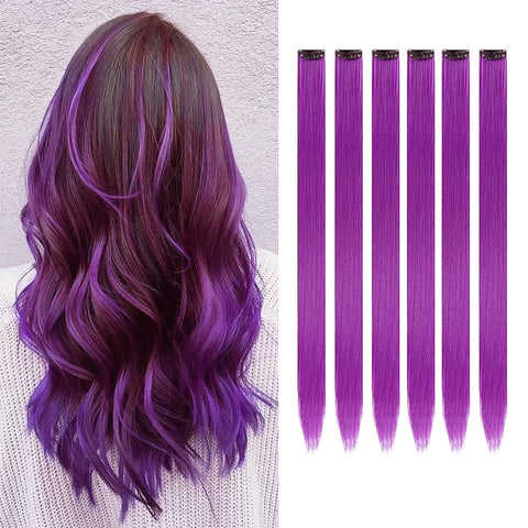 22" Multi-Color Clip-In Synthetic Hair Extensions 6-Pack – Purple & Pink Highlights for Party
