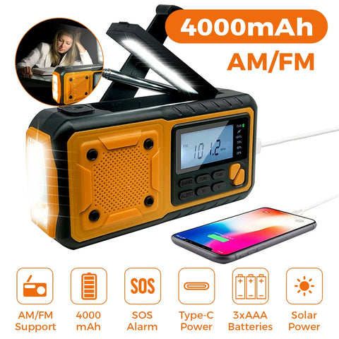 4000mAh Solar Hand Crank Emergency Radio with AM/FM, LED Flashlight, Weather Alerts, Power Bank & Phone Charger