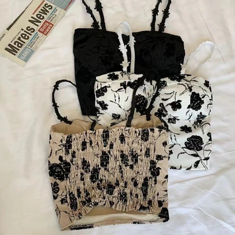 Chic French Floral Print Breast-Wrap Camisole for Women with Pads and Beautiful Back Design