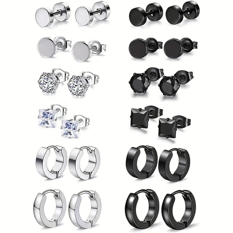 12 Pairs Black & Silver Stainless Steel Stud Earrings Set for Women
