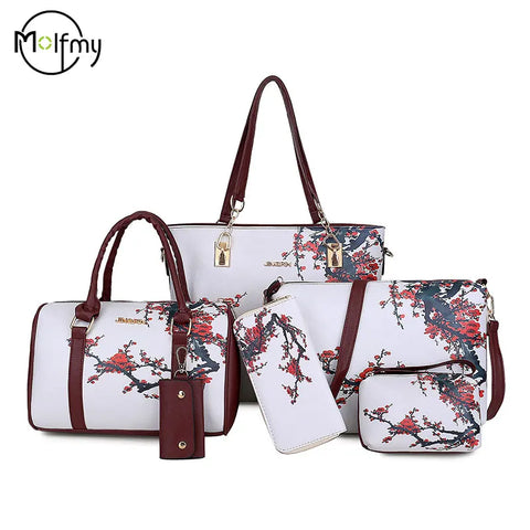 6-Piece Vintage Tote & Crossbody Handbag Set for Women - High Quality Printed Purse Collection