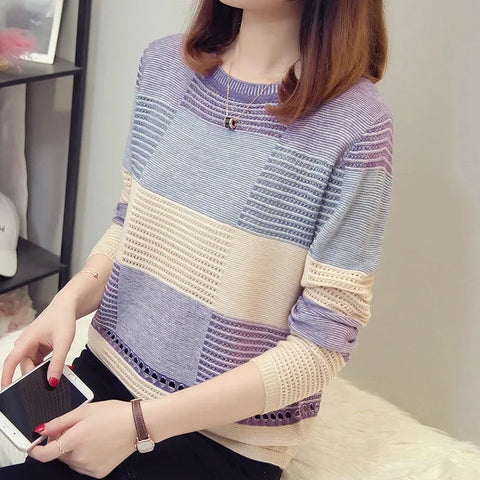2023 Women's Purple Striped Knit Sweater Loose Fit Hollow Pullover Jumper Casual Korean Style Top