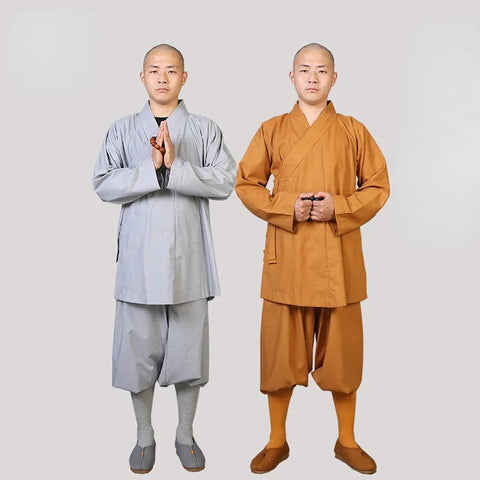 Gray Yellow Buddhist Monk Robe Set - Kungfu Tai Chi Clothing for Adults