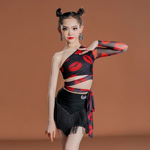 Girls Latin Dance Outfit: Single Sleeve Top, Tassel Skirt for ChaCha, Samba, Tango Practice Wear