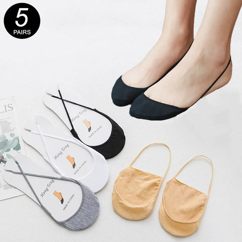 5 Pairs Women's No-Show Cotton Boat Socks Summer Thin Non-Slip Low-Cut Short Half Sole Socks
