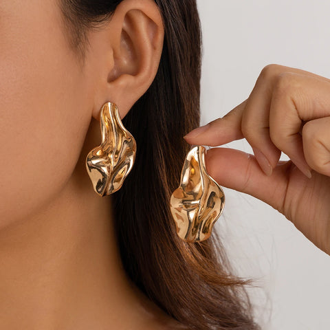 Gold Irregular Metal Pleated Earrings for Women - Aesthetic Party Jewelry