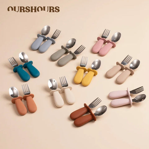 Baby Spoon & Fork Set: Silicone Handle, Stainless Steel Utensils for Infant/Toddler Feeding - 2pcs