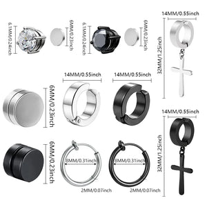10 Pairs Magnetic Clip-On Earrings, Stainless Steel Fake Hoops for Men & Women