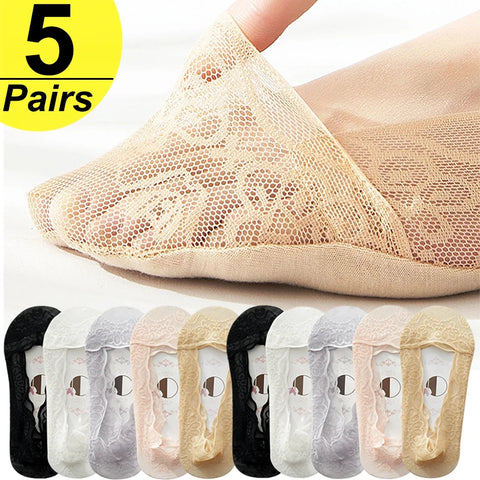 5 Pairs Women's Lace Flower No-Show Socks Non-Slip Silicone Ankle Cotton Summer Boat Slipper Socks