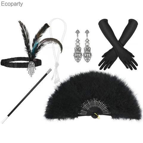 1920s Great Gatsby Party Set: Feather Headband, Pearl Necklace, Vintage Earrings, Smoke Rod, Black Feather Fan for Women