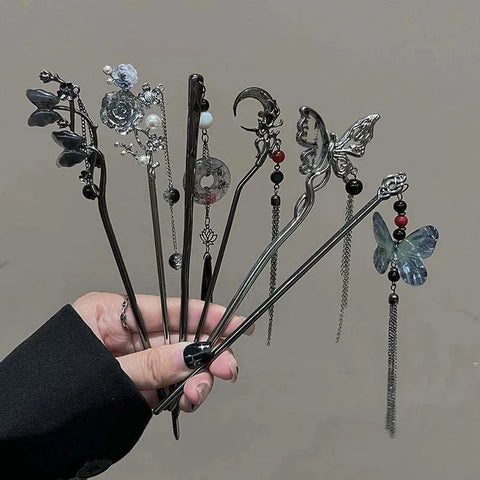 2024 Vintage Chinese Butterfly Flower Tassel Hair Stick for Women - Metal Hanfu Hair Accessory Chopstick Style