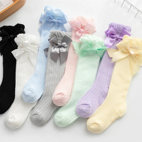 Baby Knee High Socks: Soft Cotton Mesh with Bow, Summer Infant Solid Thin Socks