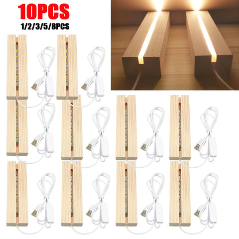 10x LED Wooden Light Display Base Stand for Crystal, Acrylic, Resin Art - USB Powered
