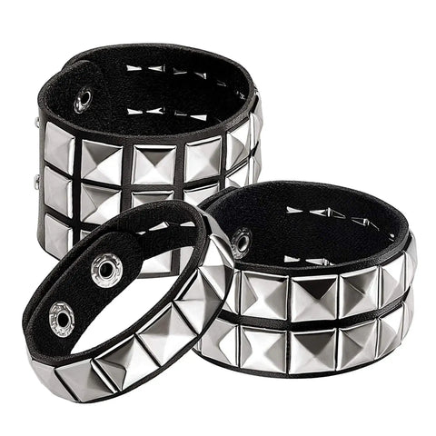 3pc Black Studded Punk Bracelets Set for Men Women - Buckle Cuffs Pyramid Rivet Wristbands for Proms & Rock Costumes
