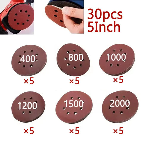 30PCS 5" 8-Hole Hook & Loop Sanding Discs 125mm for Random Orbital Sander 400-2000 Grits Abrasive Sheets