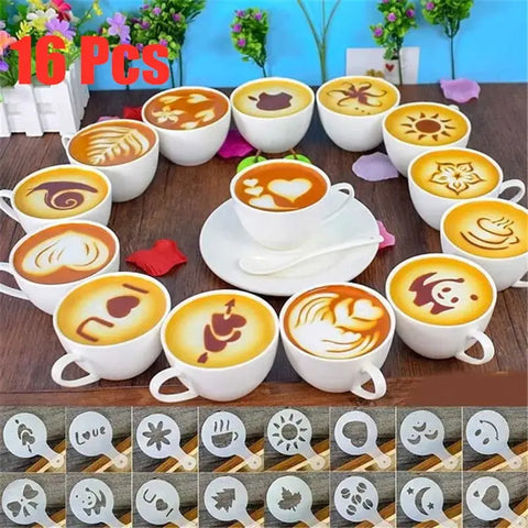 16pcs Latte Art Stencils for Coffee & Cake Decorating