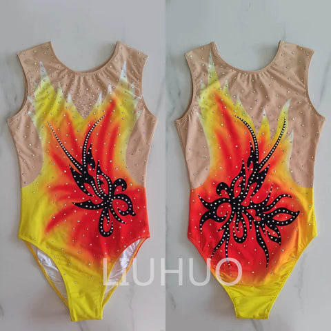 Handmade Women's Yellow Sleeveless Leotard for Synchronized Swimming Training and Competition