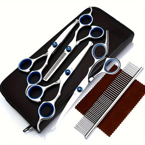 5pc Pet Grooming Scissors Kit: Trim, Thin, Curved Blades, Safety Tips