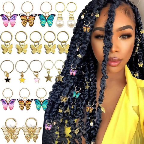 20pcs Butterfly Braid Clips Crystal Dreadlock Hair Charms Colorful Pendant Pearls