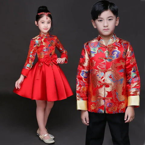 Children's Chinese Cheongsam Princess Dress Puff Skirt Retro Performance Costume