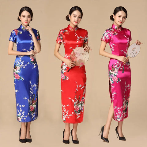Elegant Chinese Cheongsam Dress Satin Qipao Long Summer Plus Size 4XL-6XL