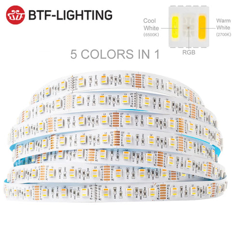5m RGB+CCT LED Strip Light 5050 5-in-1 12V/24V, 2700-6500K, 30/60 LEDs/m, IP30/IP65/IP67, Multicolor & White Adjustable, 6-Pin Ribbon