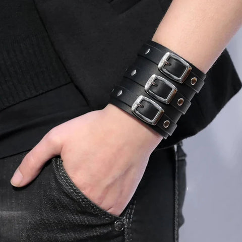 Gothic Leather Wristband Bracelet Cuff Adjustable Metal Armbands Punk Men Jewelry
