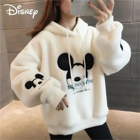 2024 Women's Y2K Mickey & Minnie Mouse Hoodies Autumn Winter Pullover Cartoon Velvet Tops