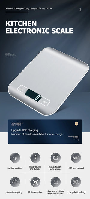 10kg Digital Kitchen Scale, Rechargeable, Stainless Steel, Precision for Cooking & Jewelry Weighing