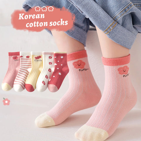 5 Pairs Women's Cotton Mid-Tube Socks, Ages 1-16, High-Elastic Autumn Fashion Classic Pattern