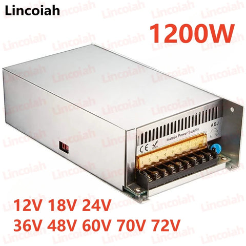 Adjustable Voltage Lighting Transformer 1200W DC 12V-72V AC 110V/220V SMPS for LED Strip, Motor, CCTV
