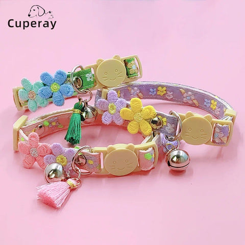 Adjustable Kitten Collar with Flower Tassel, Bell & Anti-loss Buckle