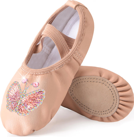 Girls Ballet Leather Split-Sole No-Tie Dance Slippers for Toddler/Little Kid/Big Kid